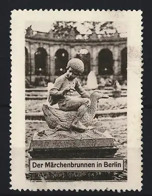 Reklamemarke Berlin-Friedrichshain, Der Märchenbrunnen im Volkspark, Skulptur mit Kind und der Goldenen Gans