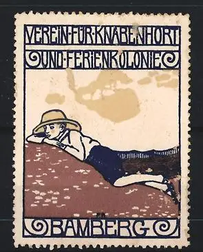 Reklamemarke Bamberg, Verein für Knabenhort und Ferienkolonie, Knabe mit Strohhut