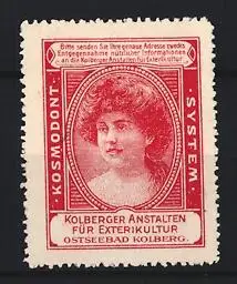 Reklamemarke Kolberg, Kolberger Anstalten für Exterikultur, Porträt einer Frau