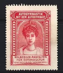 Reklamemarke Kolberg, Autogymnastik mit dem Autogymnast, Frau im Portrait