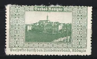 Reklamemarke Rovigno, Seebad, Ortsansicht