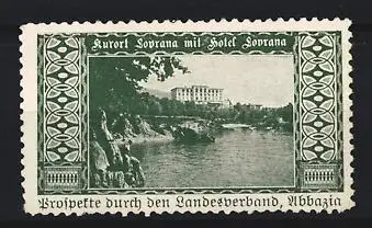 Reklamemarke Lovrana, Küstenpartie mit Hotel Lovrana, Landschaftsansicht