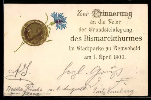 Präge-AK Remscheid, Grundsteinlegung Bismarckturm im Stadtpark 1900, Münze und Kornblume