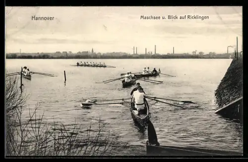 AK Hannover, Ruderboote auf dem Maschsee, Blick auf Ricklingen