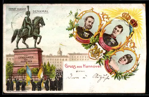 Lithographie Hannover, Ernst-August-Denkmal, Porträts Herzog Ernst August, Prinz Georg Wilhelm, Thyra