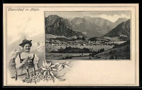 AK Oberstdorf im Allgäu, Ortsansicht, Trachtenmädchen, Alpenpanorama