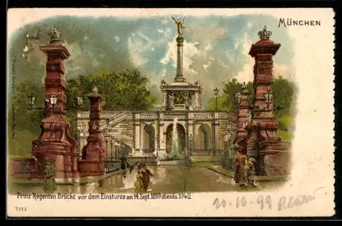 Lithographie München, Prinz-Regenten-Brücke vor dem Einsturz am 14. Sept. 1899