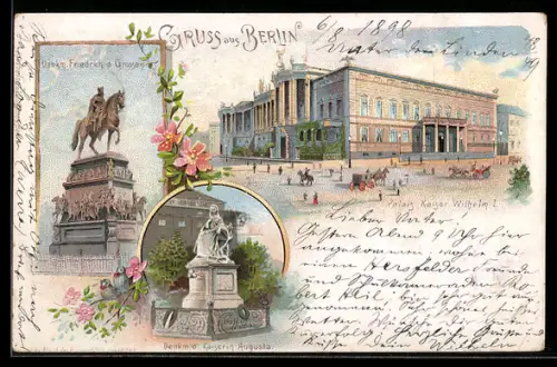 Lithographie Berlin, Denkmal Friedrich d. Grosse, Denkmal Kaiserin Augusta, Palais Kaiser Wilhelm I.