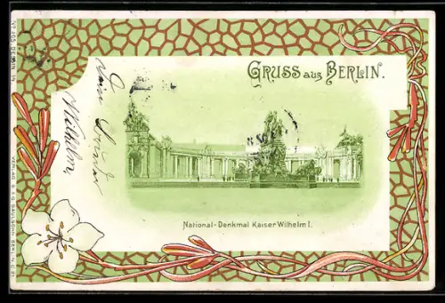 Lithographie Berlin, National-Denkmal Kaiser Wilhelm I. Jugendstil-Passepartout