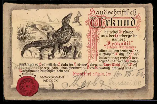 Lithographie Frankfurt a. Main, Gasthaus Krokodil, Inh. J. Weigandt, Trinkerurkunde mit Krokodil