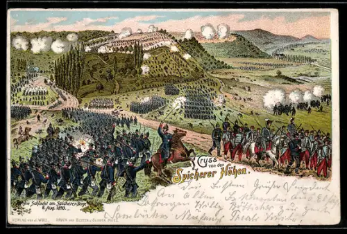 Lithographie Saarbrücken, Schlacht am Spicherer Berge 6. Aug. 1870, Spicherer Höhen