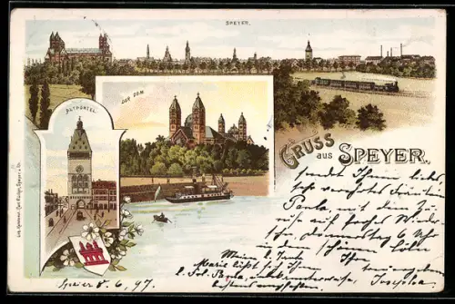 Lithographie Speyer, Dom, Altpörtel, Rheinpartie