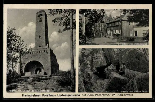 AK Freinsheim, Bismarckturm auf dem Peterskopf, Forsthaus Lindemannsruhe, Heidenfels