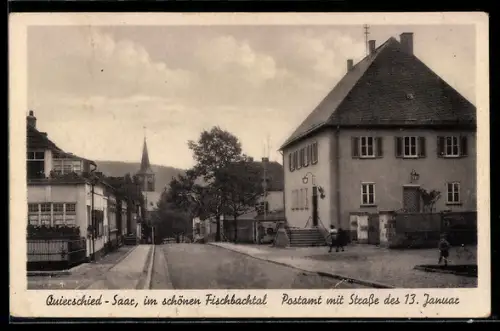AK Quierschied /Saar, Postamt, Strasse des 13. Januar, Kirche