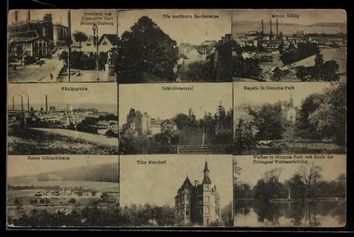 AK Neunkirchen /Saar, Denkmal Freiherr von Stumm, Schlossbrauerei, Villa Mundorf, Neues Schlachthaus
