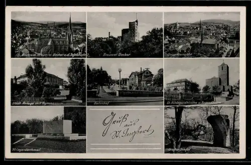 AK St. Ingbert, Blick auf St. Marien, Brauerei Becker, Städt. Anlage mit Gymnasium, Kriegerdenkmal, Bahnhof