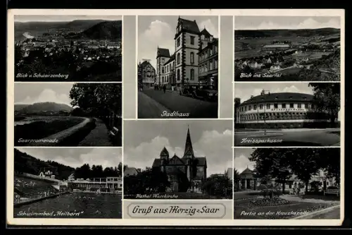AK Merzig /Saar, Stadthaus, Kreissparkasse, Schwimmbad Heilborn, Kreuzkapelle