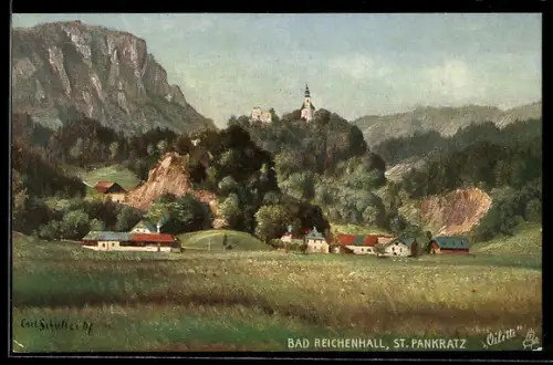 Künstler-AK sign. Carl Schultze: Bad Reichenhall, St. Pankratz, Landschaft, Kirche, Berge