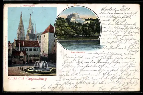 AK Regensburg, Moltkeplatz, Dom, Walhalla