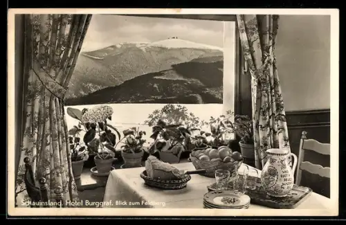 AK Schauinsland, Hotel Burggraf, Blick zum Feldberg