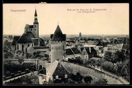 AK Tangermünde, St. Stephanskirche, Gefängnisturm, Stadtansicht