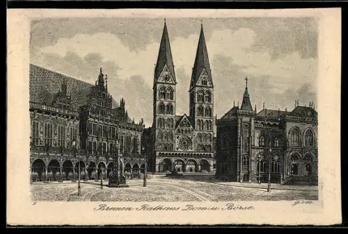 Künstler-AK Bremen, Rathaus, Dom, Börse