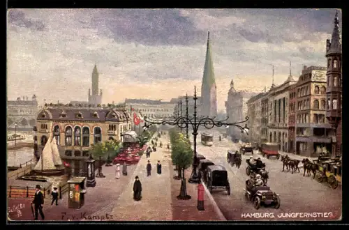Künstler-AK Raphael Tuck & Sons Nr. 609: Hamburg-Neustadt, Jungfernstieg, Strassenbahn und Litfasssäule