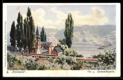 Künstler-AK Trechtingshausen, Clemenskapelle, Rheinlandschaft