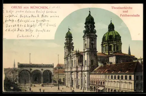 AK München, Theatinerkirche und Feldherrnhalle