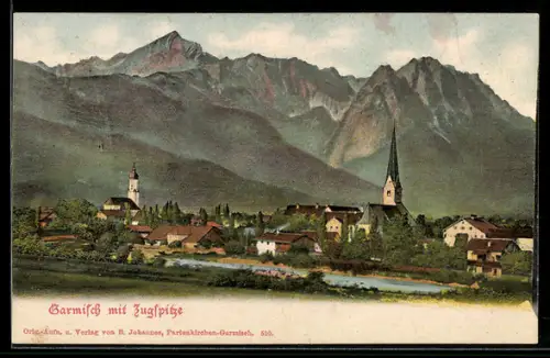 AK Garmisch, Teilansicht mit Kirche und Zugspitze