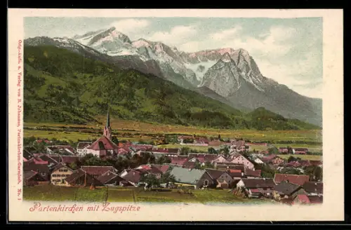 AK Partenkirchen, Teilansicht mit Kirche und Zugspitze