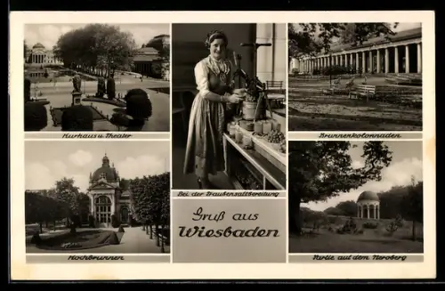 AK Wiesbaden, Kurhaus und Theater, Brunnenkolonnaden, Hochbrunnen