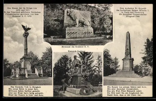 AK Bad Kösen, Bismarck-Denkmal, Kriegerdenkmäler von 1870 /71 u. 1914-18, Kaiser Wilhelm-Denkmal