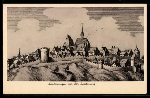 Künstler-AK Neuleiningen, Teilansicht mit Kirche vor der Zerstörung