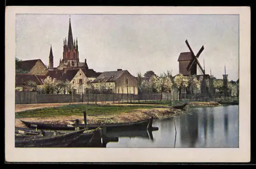 AK Werder an der Havel, Uferpartie mit Windmühle und Booten
