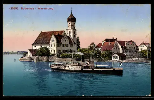 AK Wasserburg, Bodensee-Dampfer beim Hafeneinlauf