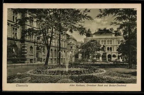 AK Chemnitz, Altes Rathaus, Dresdner Bank und Becker-Denkmal