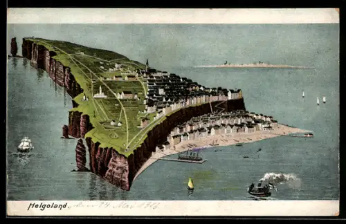 AK Helgoland, Gesamtansicht der Insel mit Ober- und Unterland, Strand und Klippen