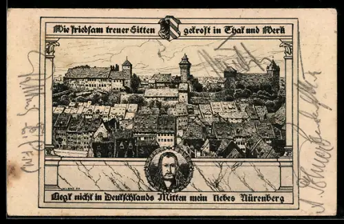 Künstler-AK Nürnberg, Ortsansicht mit Burg, Dürer-Porträt und Wappen