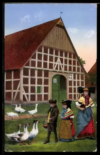 AK Kinder füttern Gänse, Tracht Schaumburg-Lippe