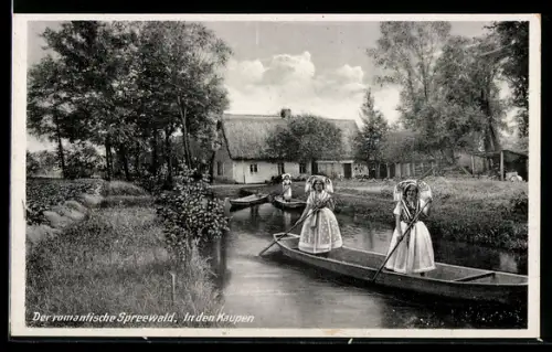 AK In den Kaupen, Kahnpartie mit Spreewälder Tracht