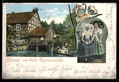 AK Dubkow-Mühle mit Bootspartie, Zwei Mädchen in Spreewälder Tracht