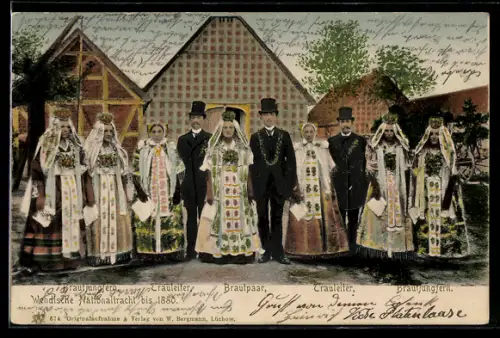 AK Brautjungfern, Trauleiter, Brautpaar, Wendische Nationaltracht bis 1880