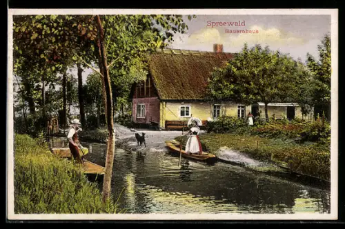 AK Bauernhaus u. Kahnfahrerin in Spreewälder Tracht