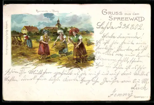 Lithographie Burg /Spreewald, Kornernte vor Ortspanorama, Spreewälder Tracht