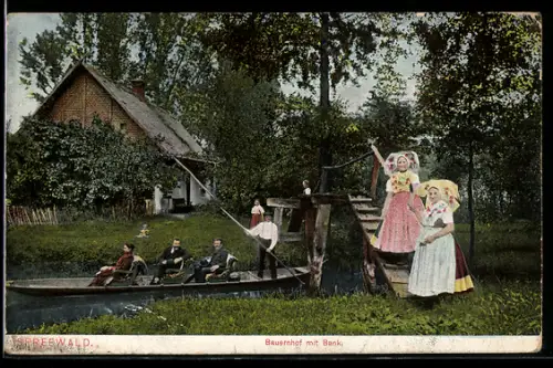 AK Spreewald, Bauernhof mit Bank, Mädchen in Trachten