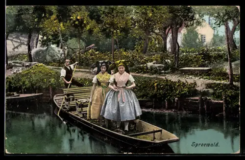AK Spreewald, Burg, Fräuleins in Kahn