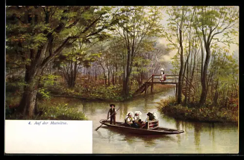 Künstler-AK Lübbenau /Spreewald, Auf der Mutnitza, Kahnfahrt