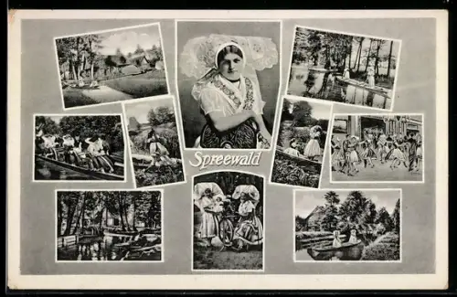 AK Spreewälder Tracht, Festliche Ausfahrt, Kahnpartie, Tanz, Spinnerinnen