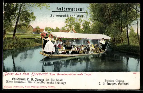 AK Motorbootsfahrt nach Leipe, Spreewälder Tracht